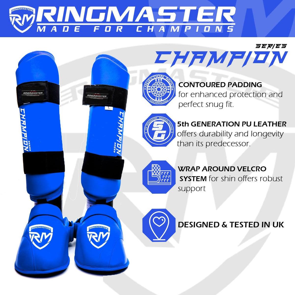 RingMaster Sports blue Karate shin instep guards with IMF padding