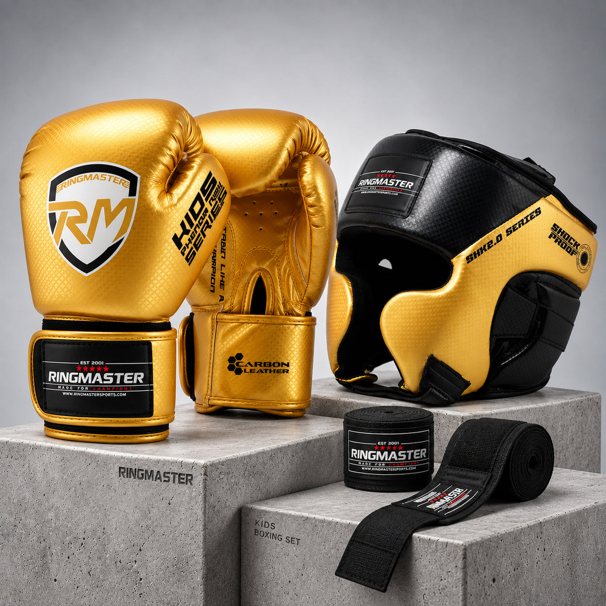 Young boxer wearing RingMaster Sports Kids Boxing Set with Gold boxing gloves and Black Gold head guard during boxing training