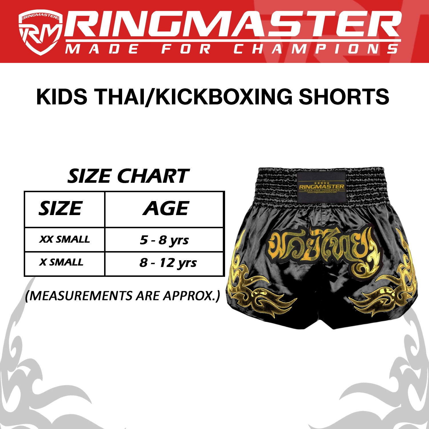Side view of kids Onyx Black Muay Thai shorts with tribal flame design and high side slit