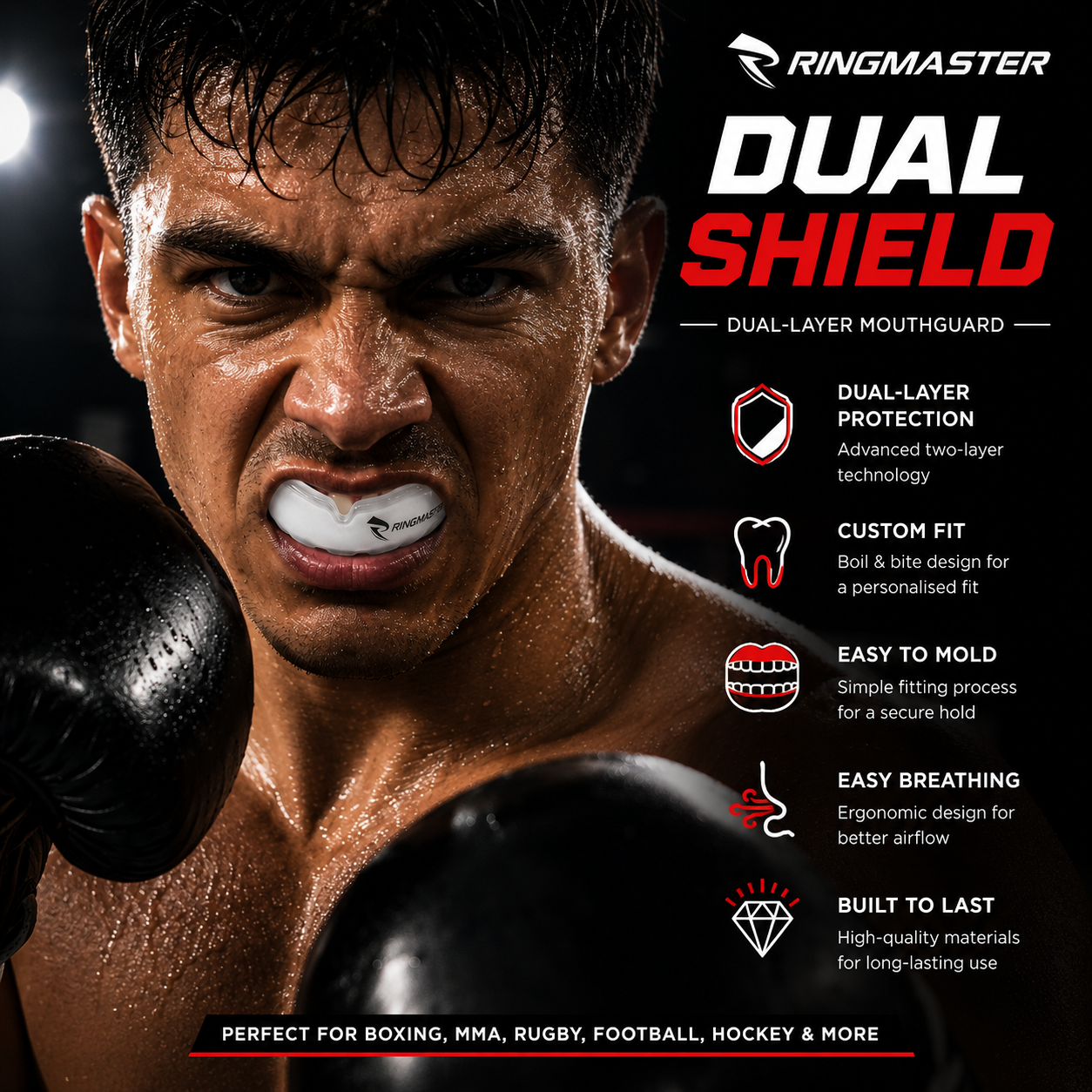RingMaster dual-layer mouthguard used during boxing and MMA training session