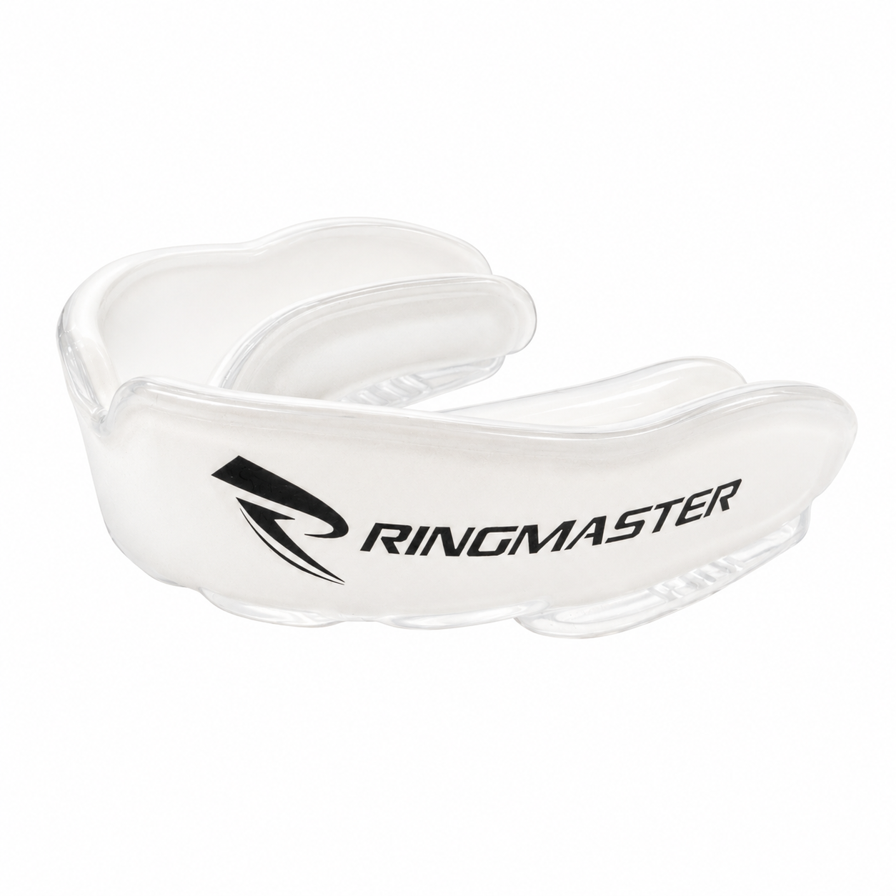 Side profile of RingMaster dual-layer boxing mouthguard showing ergonomic shape white clear