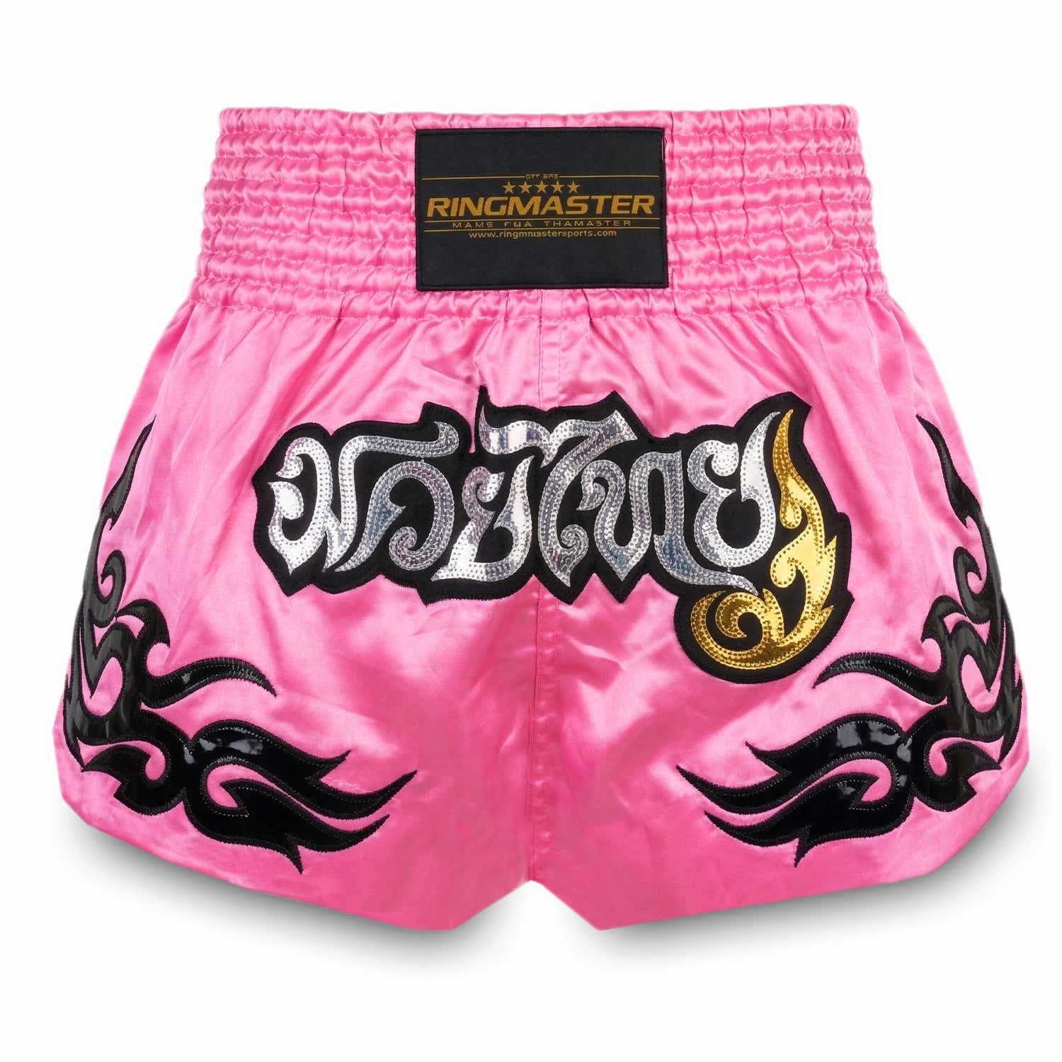 Ringmaster fuchsia pink Muay Thai shorts front view satin Thai boxing shorts