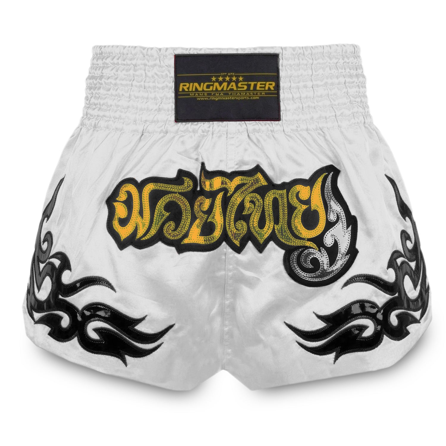 Ringmaster pearl white Muay Thai shorts front view satin Thai boxing shorts