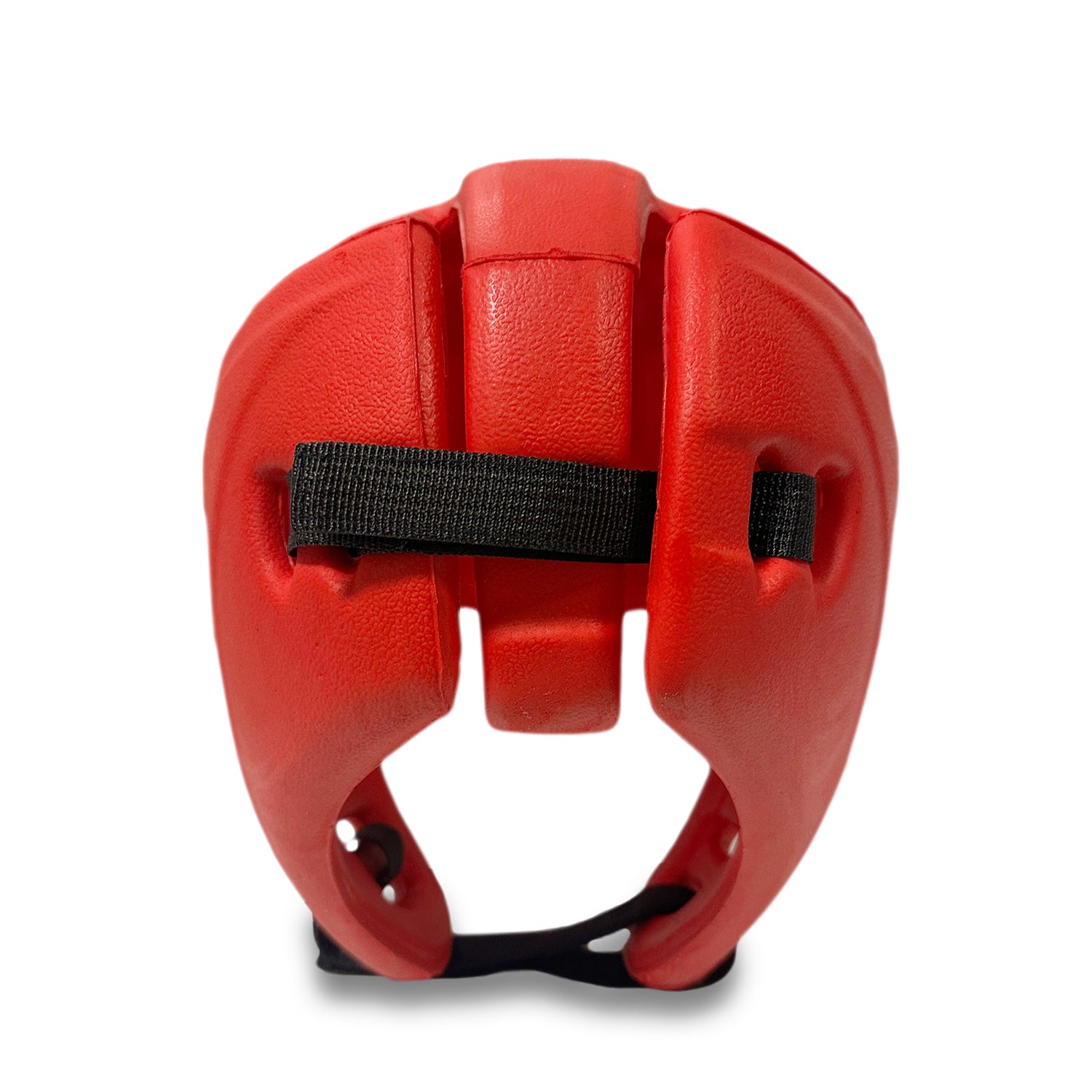 Rear elastic and Velcro strap of red open-face RingMaster Sports headguard.