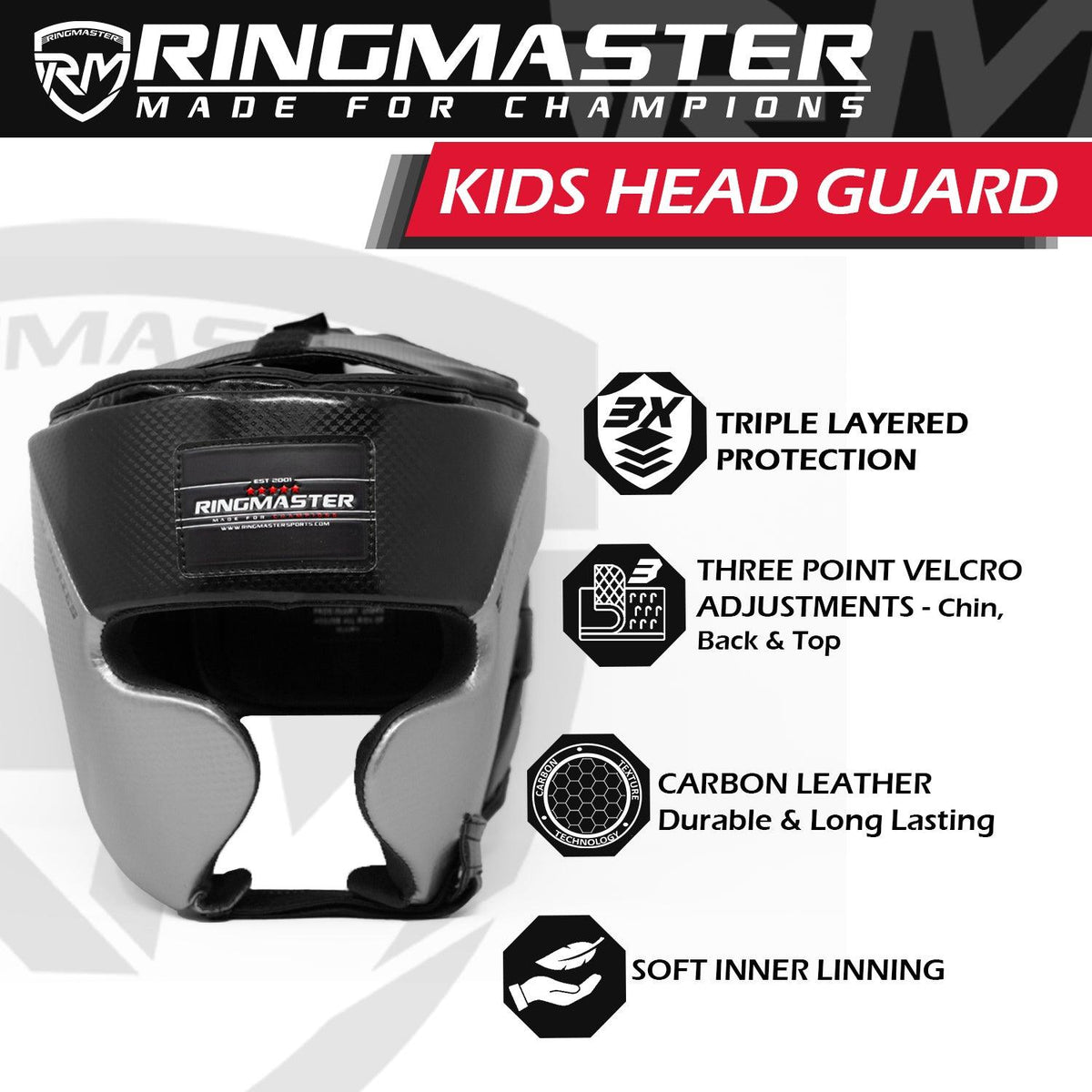 Silver and black RingMaster Sports kids boxing headgear