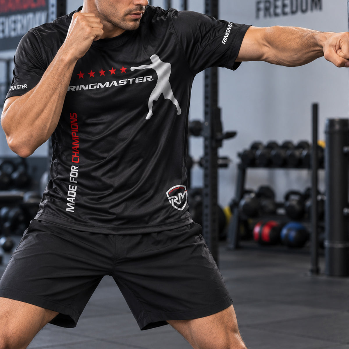 Close-up of RingMaster Sports Boxing Shadow Champions T-Shirt showing the mesh back training design