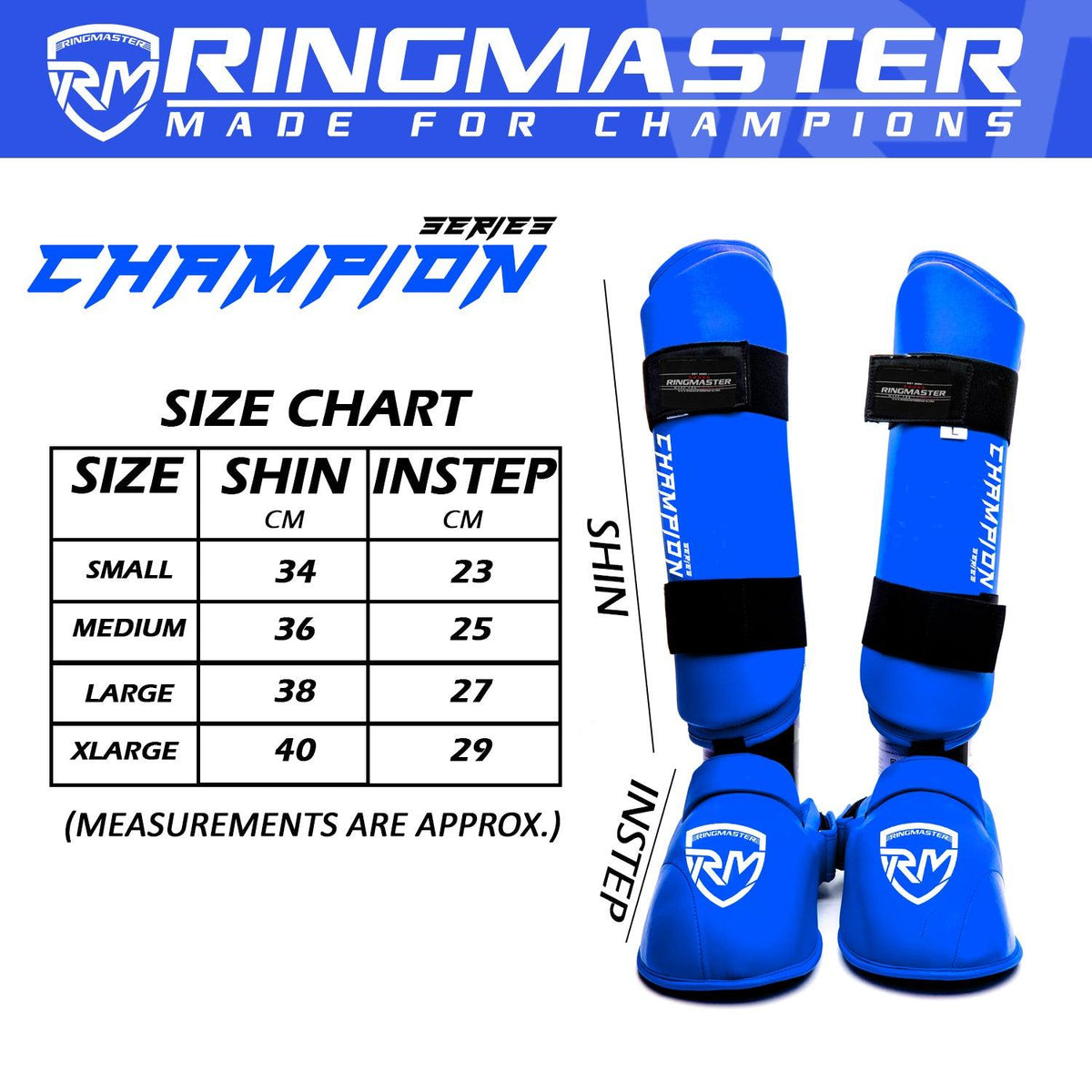 RingMaster Sports blue synthetic leather Karate shin guards