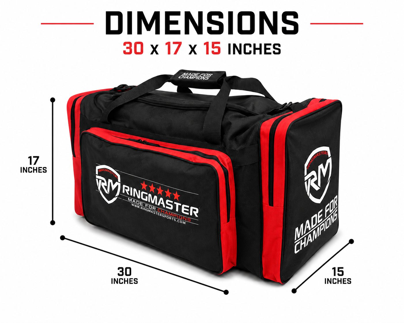 Second Side profile of RingMaster boxing and MMA equipment bag showing bag depth with dimensions
