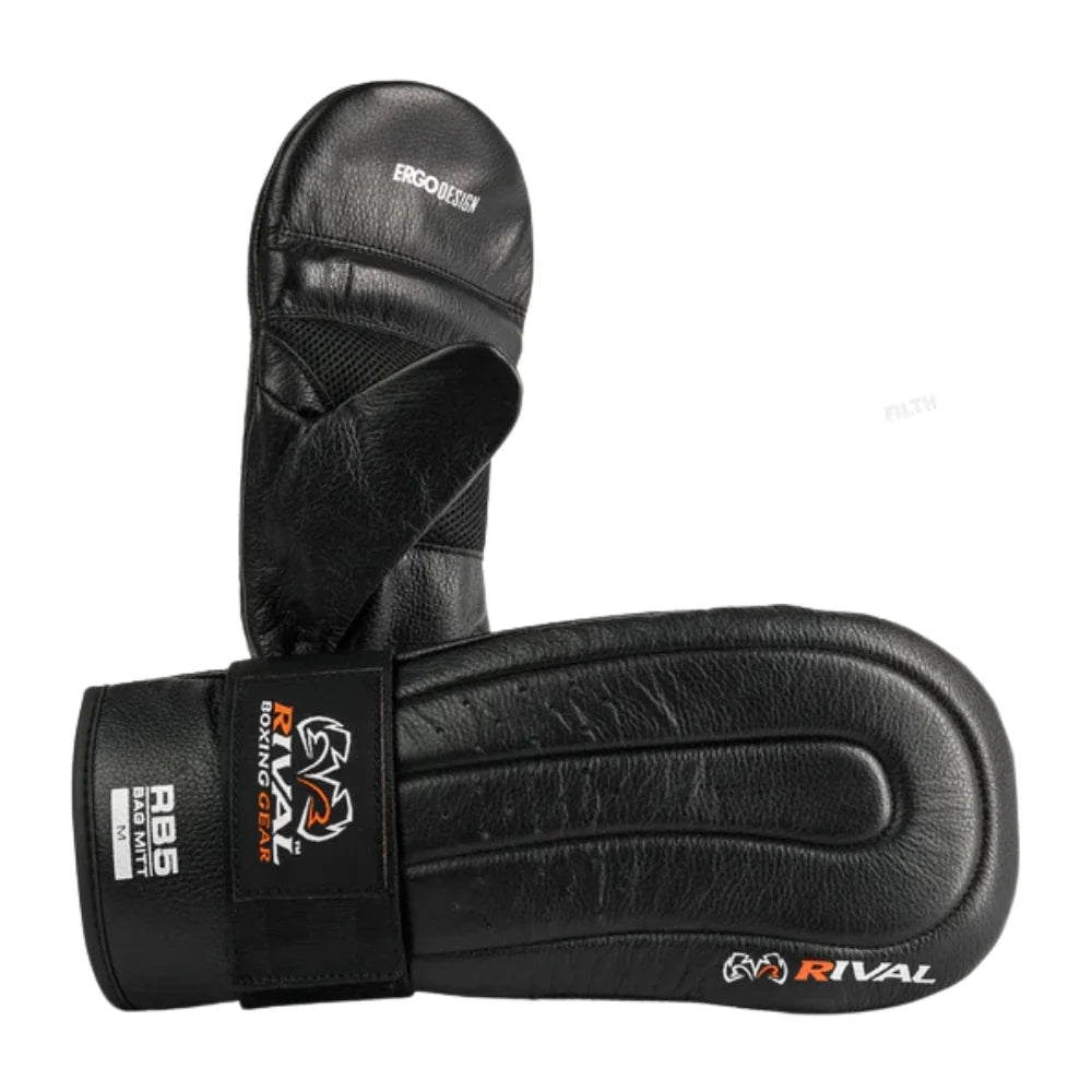 Black Rival RB5 Bag Mitts shown from the front with compact genuine leather training-mitt construction