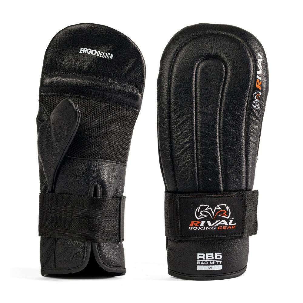 Rival RB5 Bag Mitts in Black shown from the palm and wrist side with ventilated palm and hook-and-loop strap visible