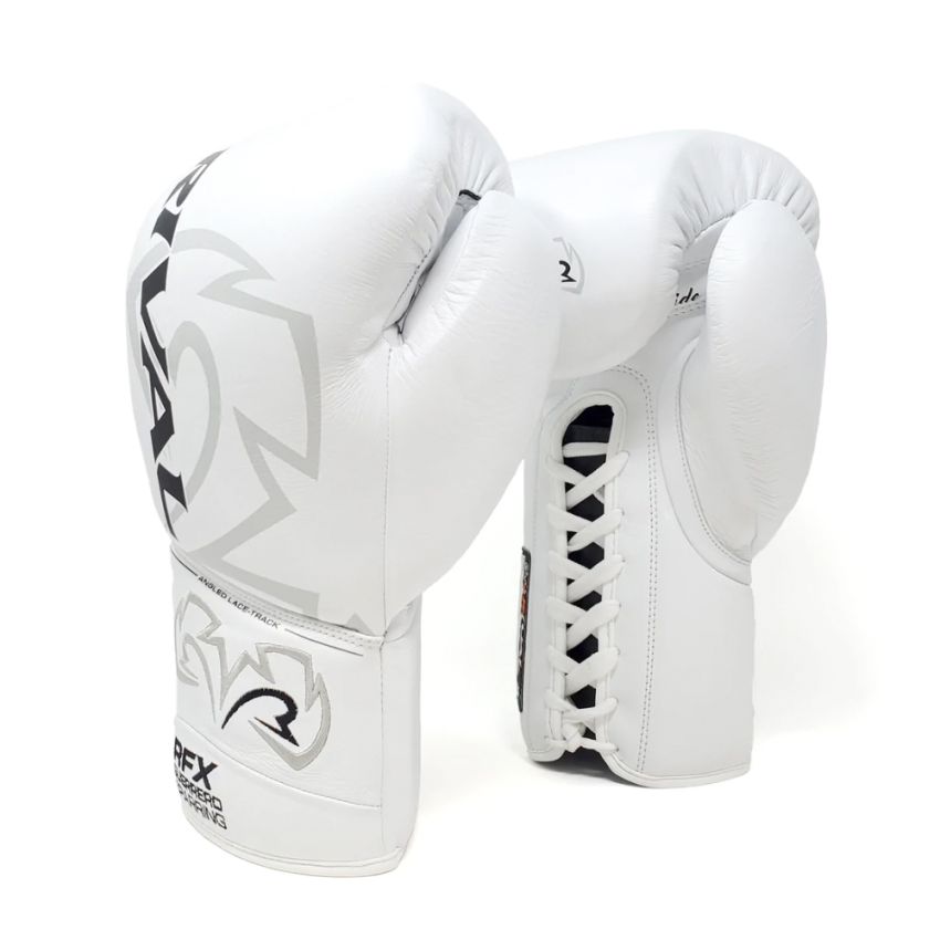 Close-up of Rival RFX-Guerrero HDE-F white sparring gloves showing angled lace track system