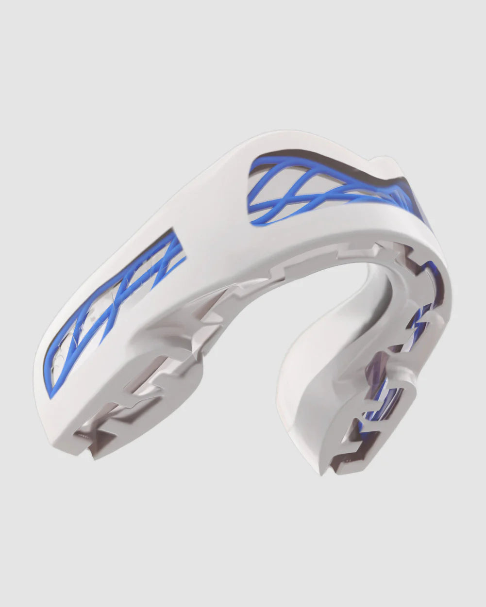 SAFEJAWZ Nitro Mouthguard in white and blue colour featuring triple-layer shock absorption and antimicrobial protection.