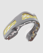 SAFEJAWZ Nitro Mouthguard in grey and yellow colour featuring triple-layer shock absorption and antimicrobial protection.