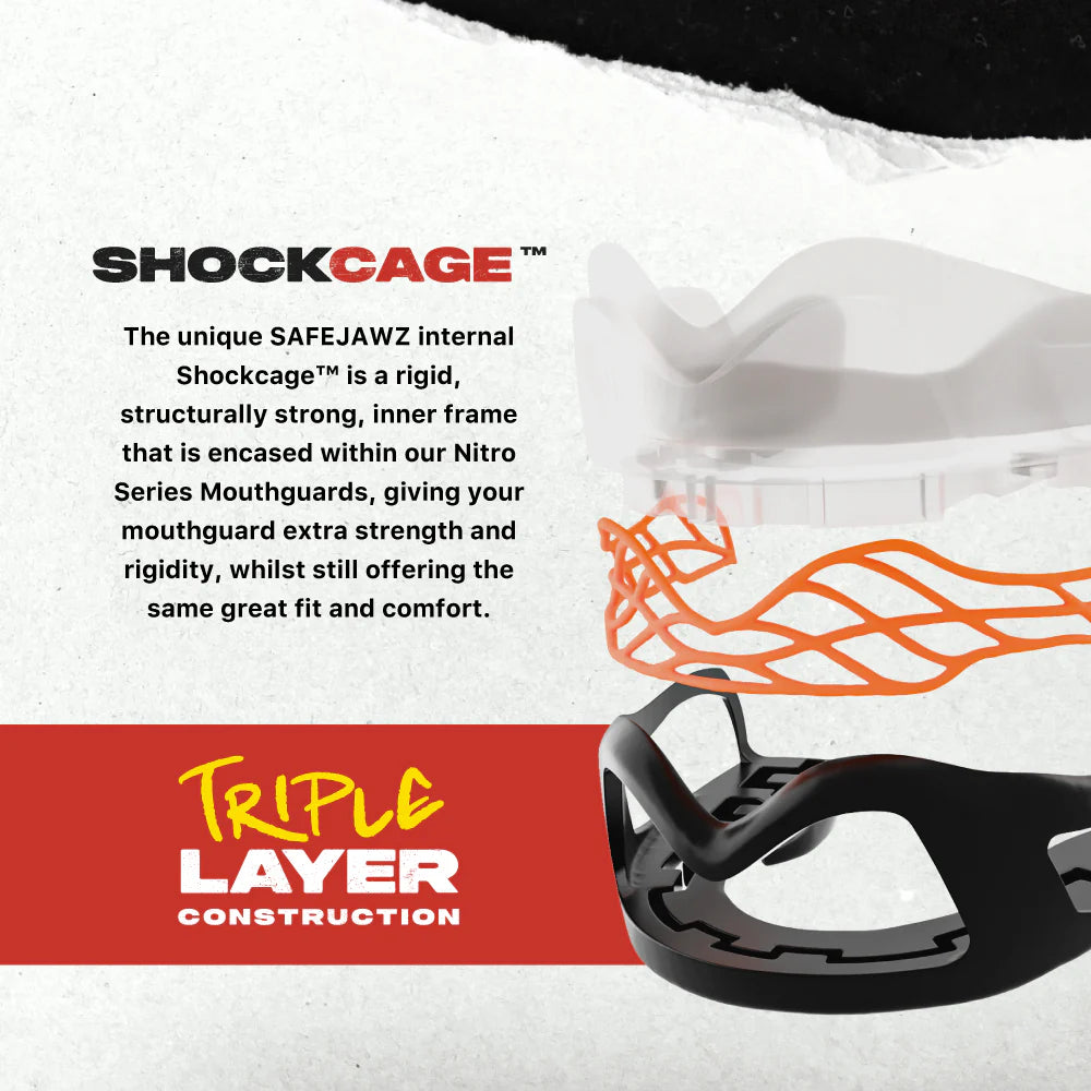 SAFEJAWZ Nitro Mouthguard grey and yellow showcasing premium sports mouthguard design.