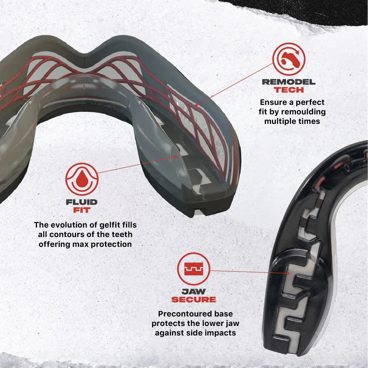 Top view of SAFEJAWZ Nitro Mouthguard highlighting comfort-fit moulding system.