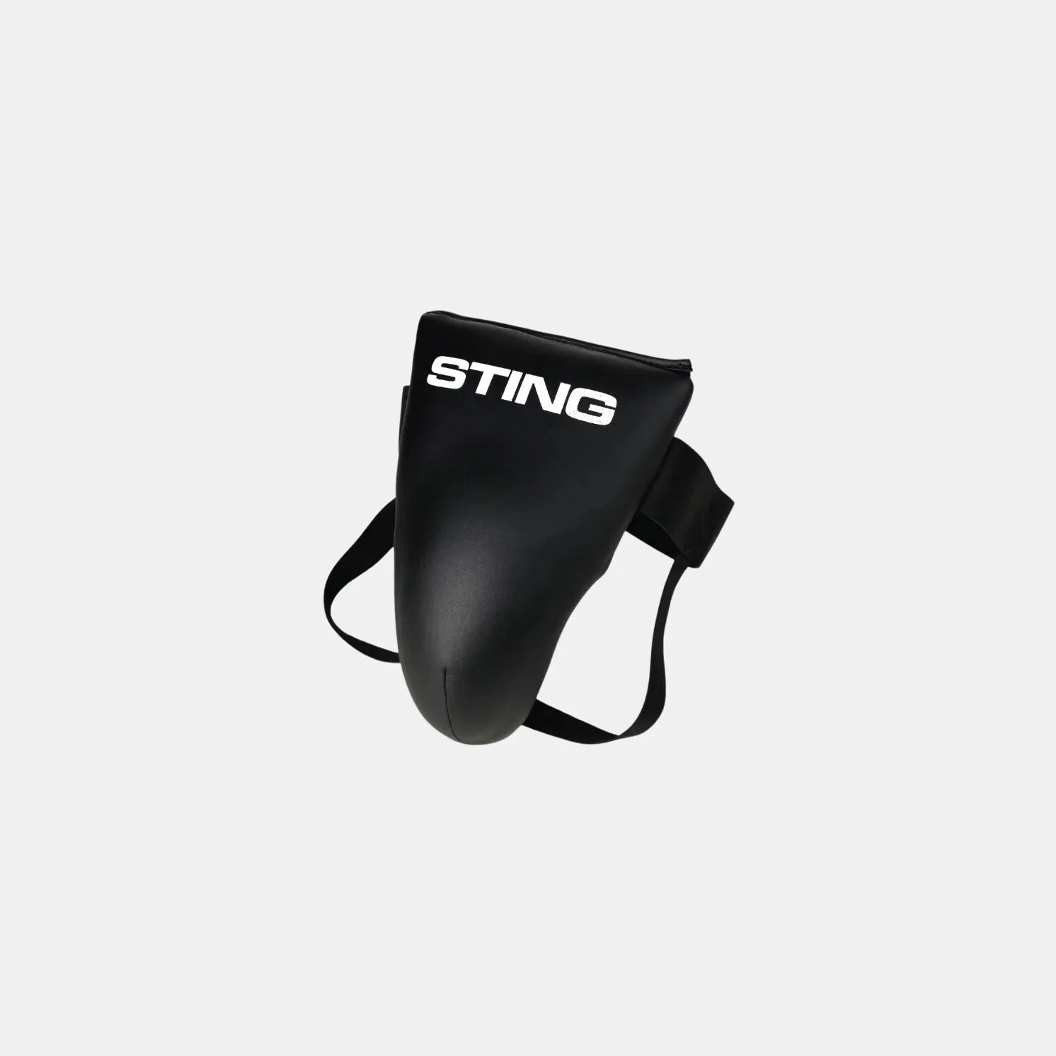 Sting Competition Light Groin Guard black colour front view showing contoured cup design, slim profile, and SLV3 outer skin for boxing protection.