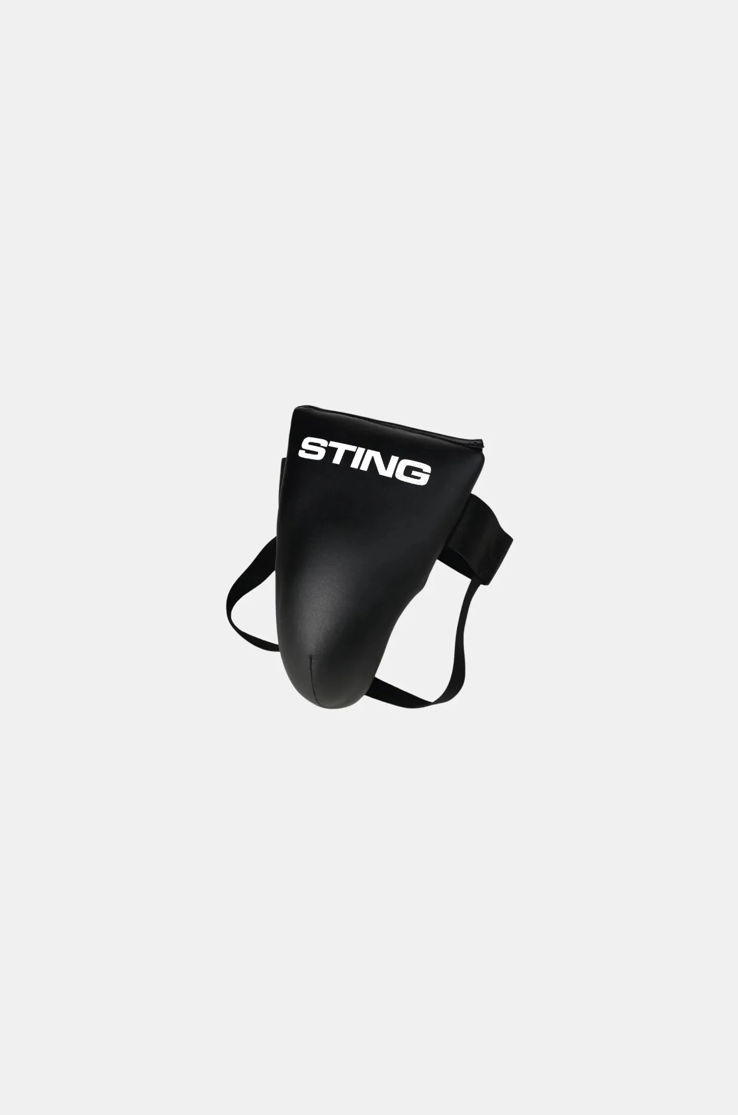 Sting Competition Light Groin Guard black colour front view showing contoured cup design, slim profile, and SLV3 outer skin for boxing protection.