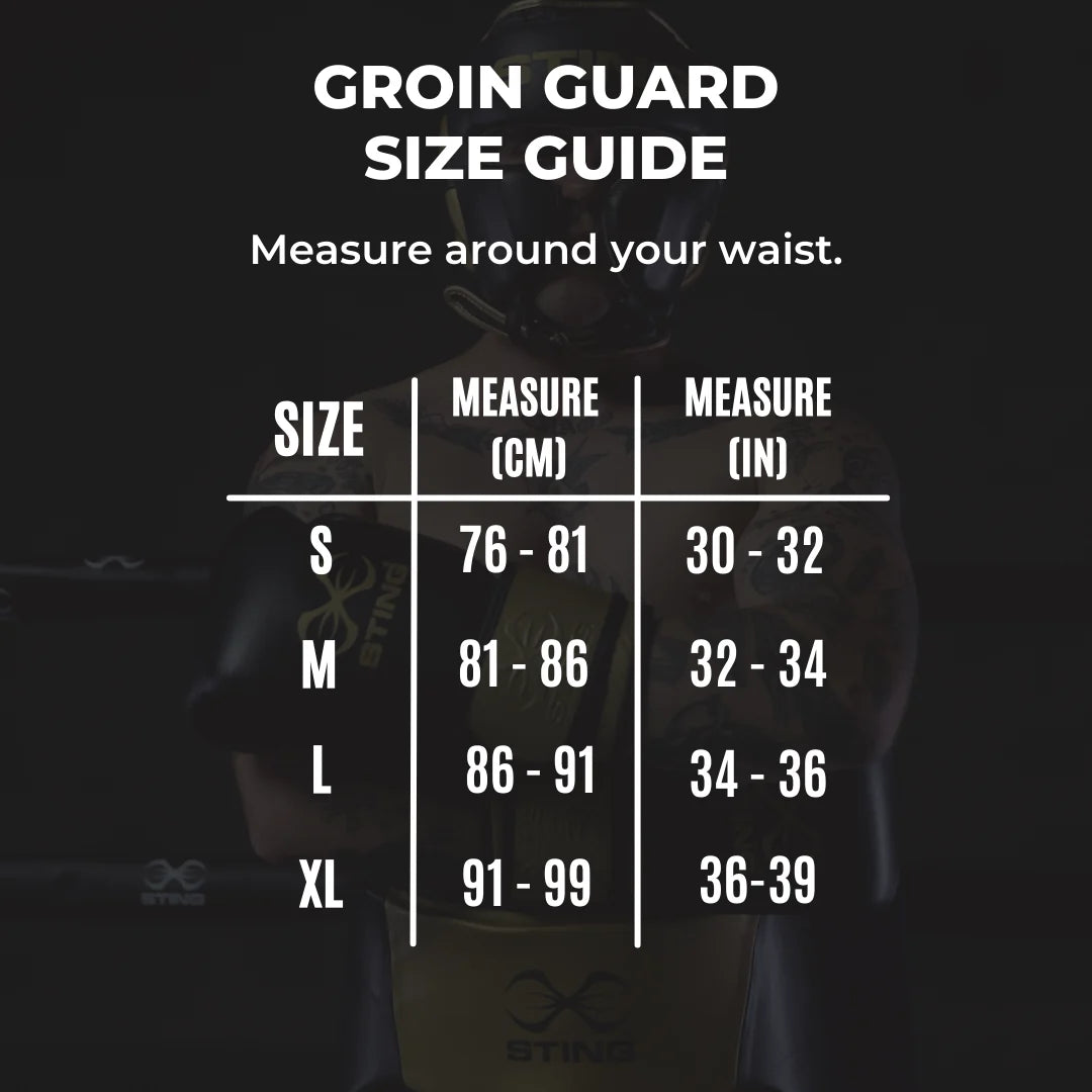 Sting Competition Light Groin Guard size guide chart displaying waist measurements for small, medium, and large sizes.