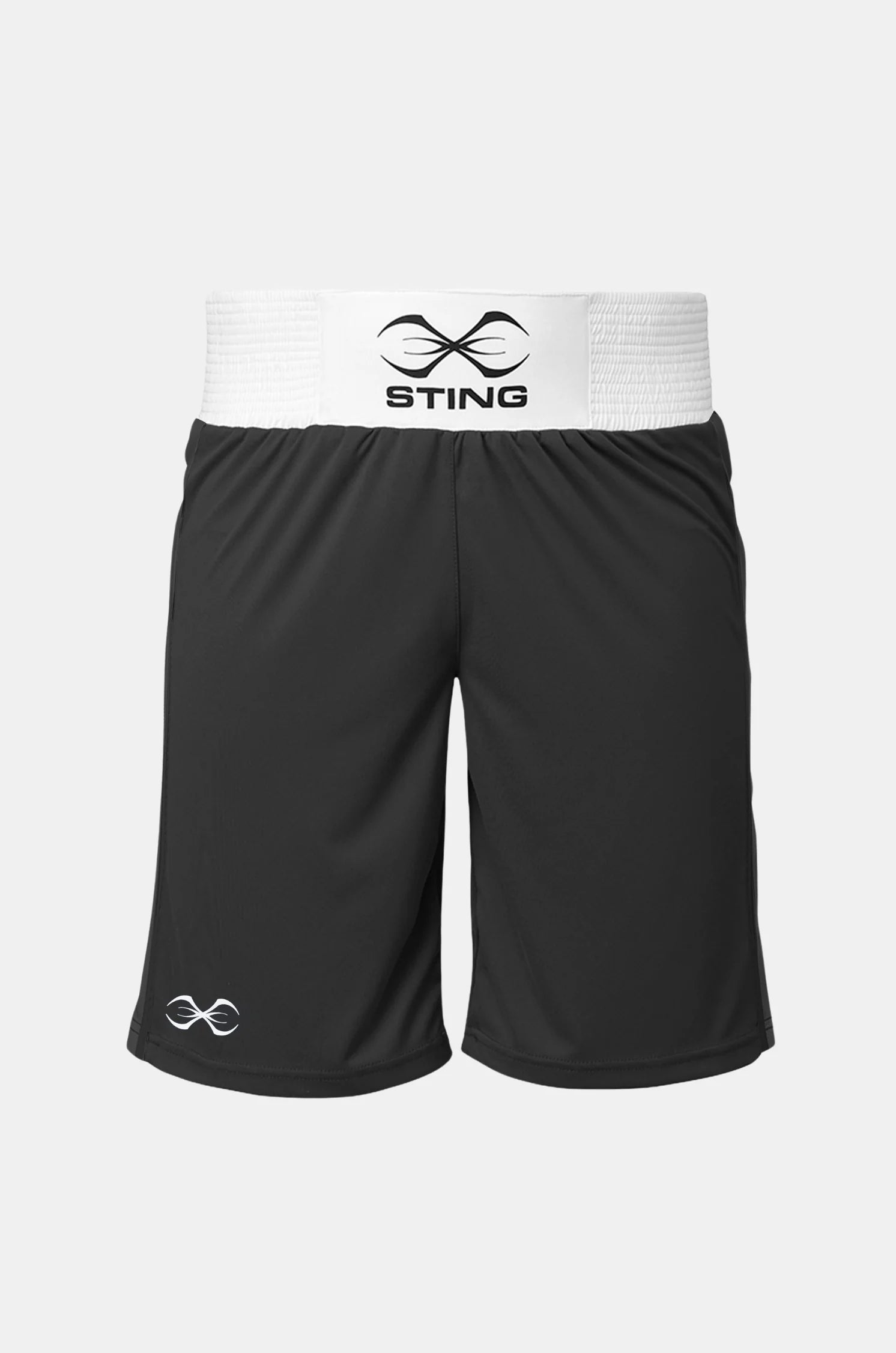 Sting Mettle Black boxing shorts made from lightweight diamond weave fabric for breathability and performance.