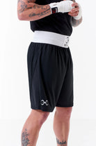Sting Mettle Black boxing shorts with extra-wide waistband for a secure, non-slip fit.
