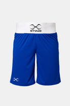 Sting Mettle Junior Blue boxing shorts made from lightweight polyester fabric for breathable performance and comfort.