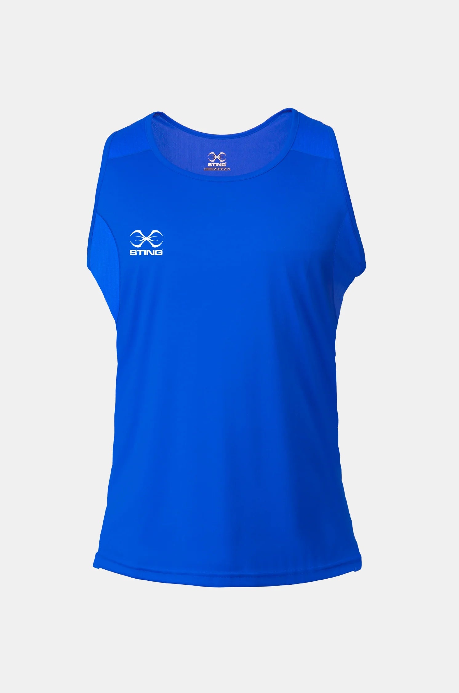 Sting Mettle Blue junior boxing singlet made from lightweight polyester fabric for breathable performance and comfort.