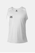 Front view of Sting Mettle Men’s Boxing Singlet White showing athletic cut and lightweight polyester fabric.