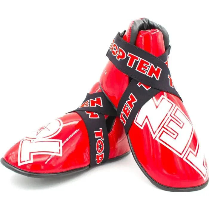 TOP TEN Kicks SuperLight Red WAKO approved foot guards front and full view for kickboxing competition