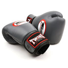 Twins Special BGVL4 Grey sparring gloves with streamlined padding and secure Velcro strap.