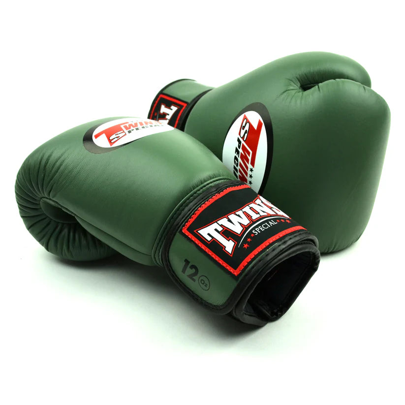 Twins BGVL4 Olive Green Thai leather boxing gloves with streamlined padding and secure Velcro strap.