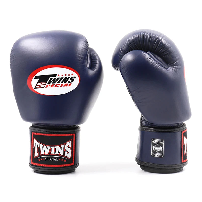 Twins Boxing Gloves Navy front view showing cowhide leather Muay Thai training gloves