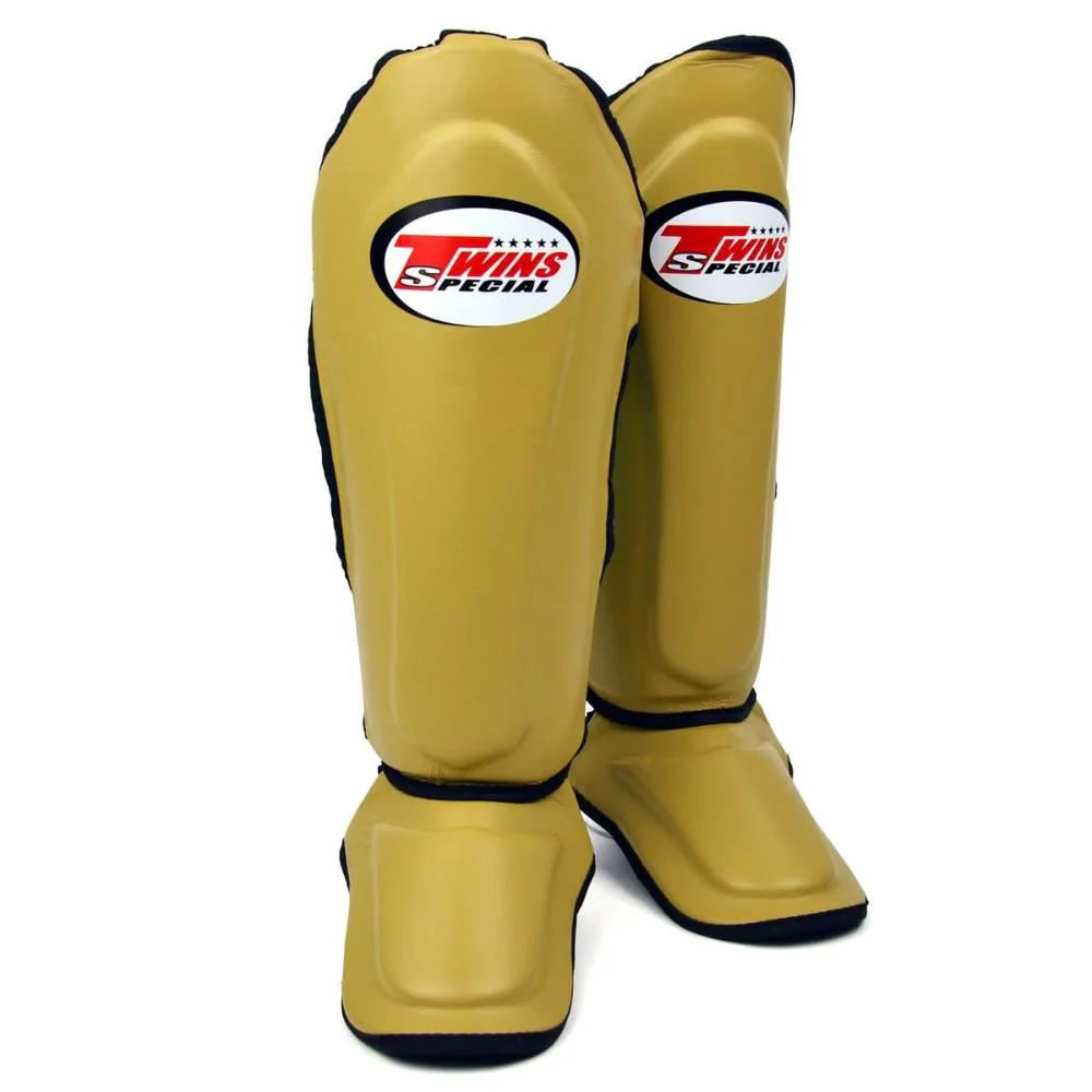 Twins Double Padded Leather Shin Guards Latte front view for Muay Thai and kickboxing training