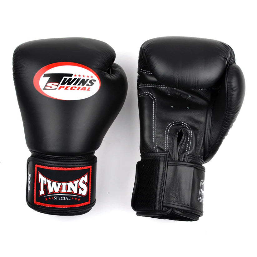 Twins Special BGVL4 Black boxing gloves handmade in Thailand with premium Thai leather for Muay Thai and sparring.