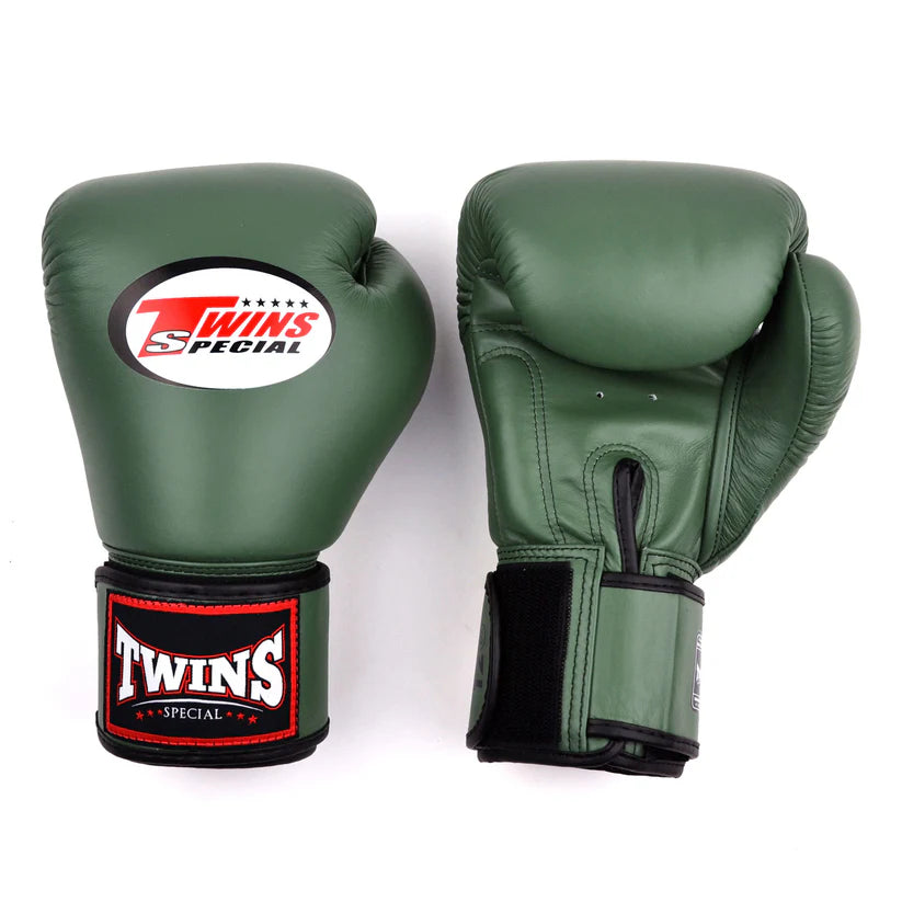 Twins Special BGVL4 Olive Green boxing gloves handmade in Thailand from premium leather for Muay Thai and sparring