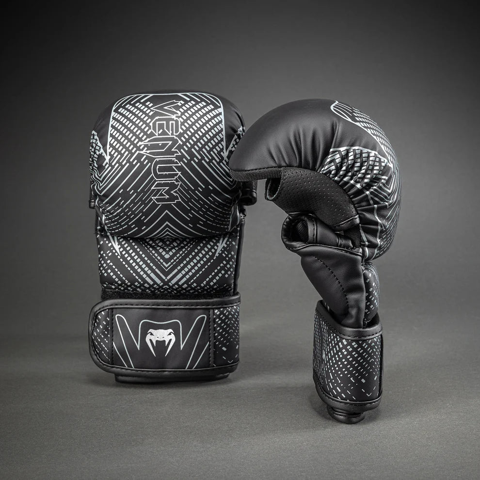Venum Midnight Fury Sparring Gloves Black Grey Silver front view for MMA training