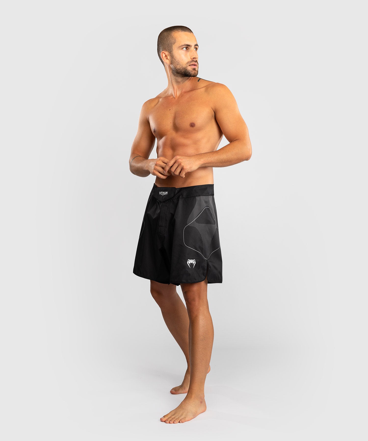 Venum Nexus fight shorts Black Silver right side showing side slit