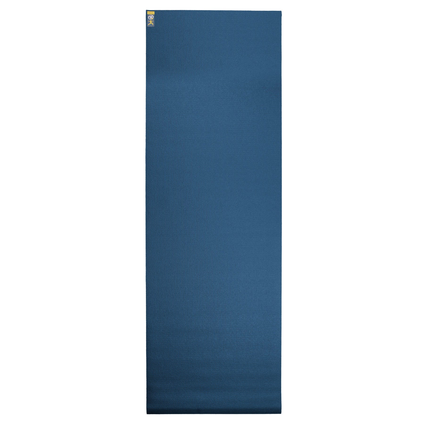 Full-length Warrior II dark blue yoga mat showing Oeko-Tex certified eco-friendly design and durable build.