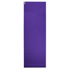 Full-length Warrior II purple yoga mat with Oeko-Tex certification and cushioned 4mm thickness.
