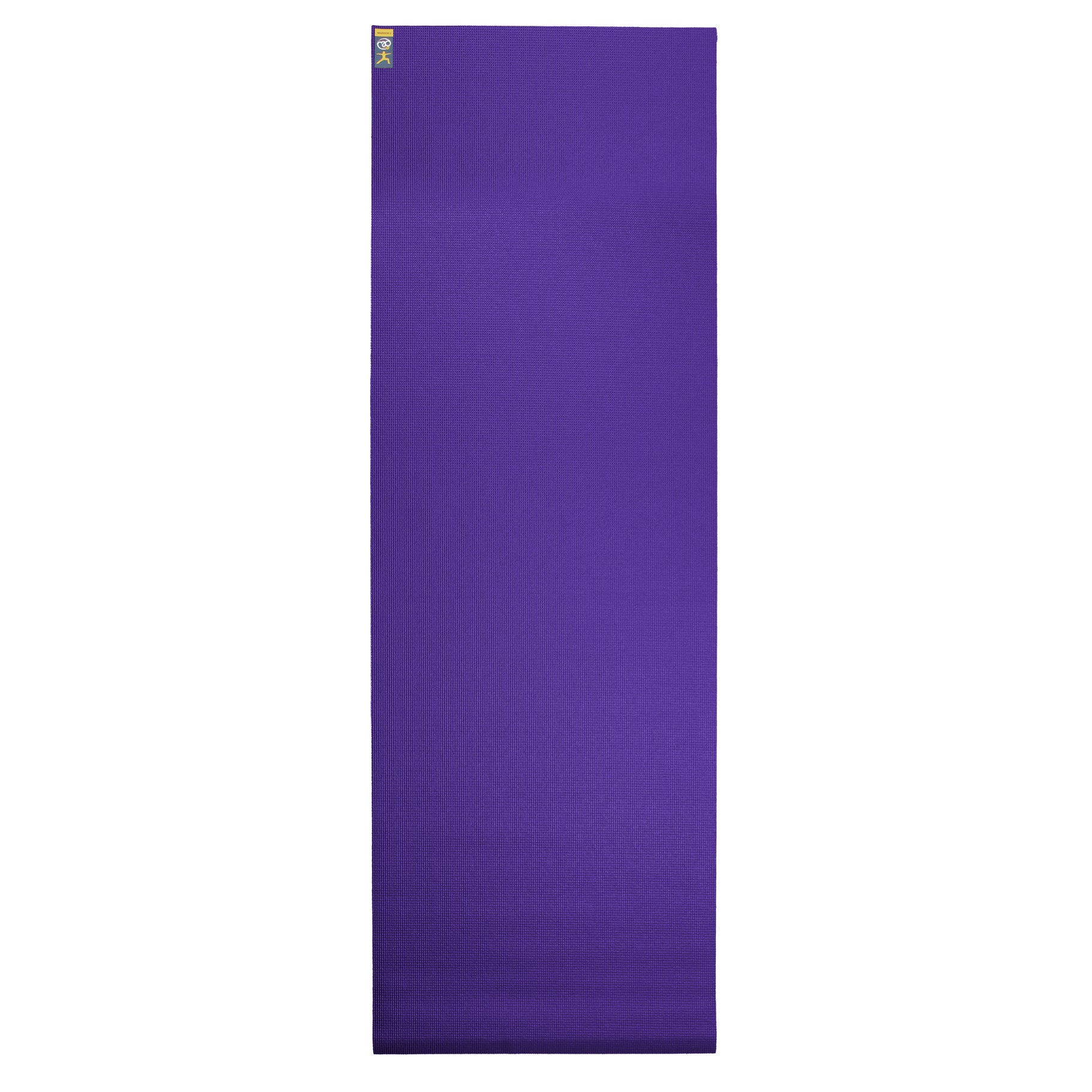 Full-length Warrior II purple yoga mat with Oeko-Tex certification and cushioned 4mm thickness.
