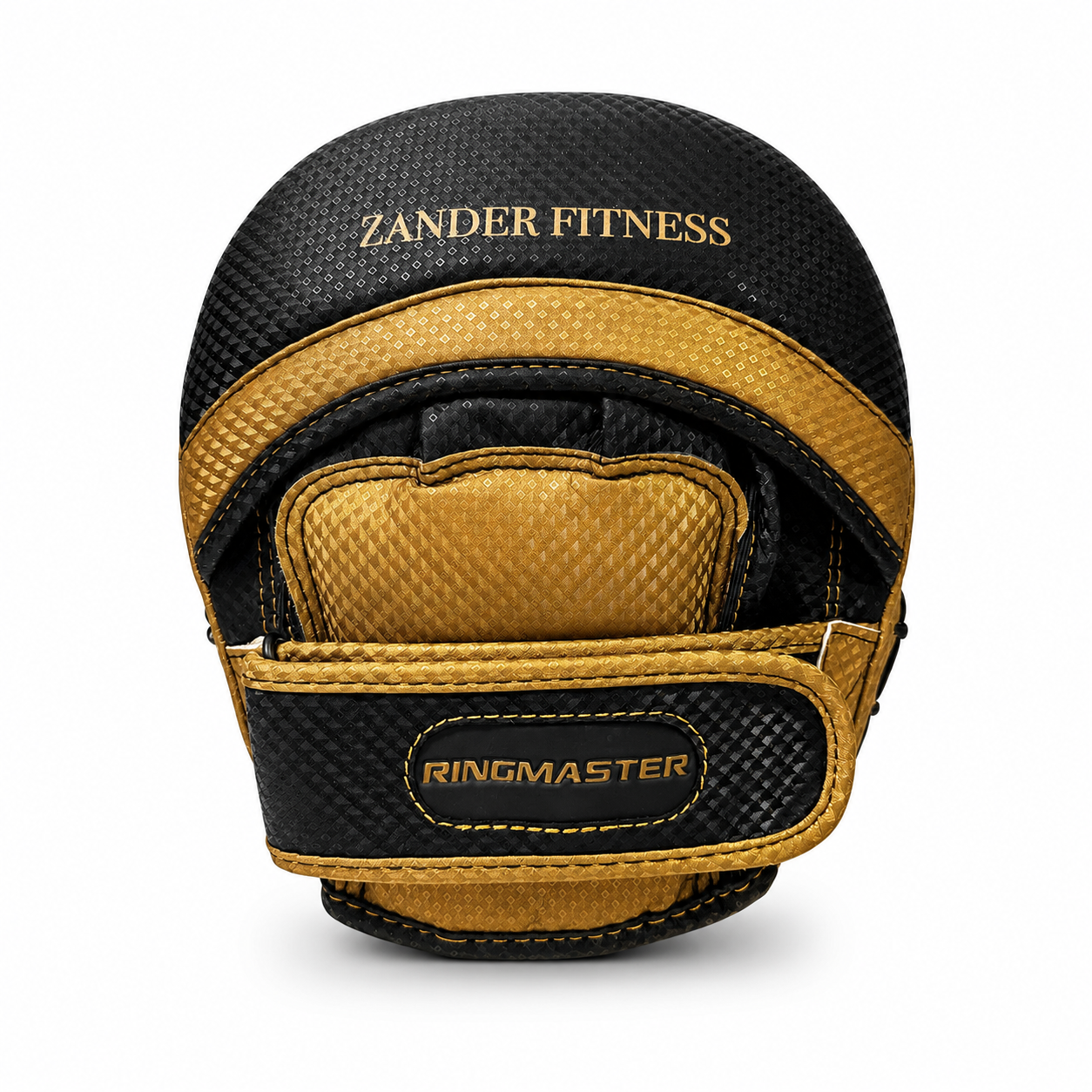 Back view of Zander x RingMaster Focus Pads Black Gold showing wraparound Velcro closure and hand fit area