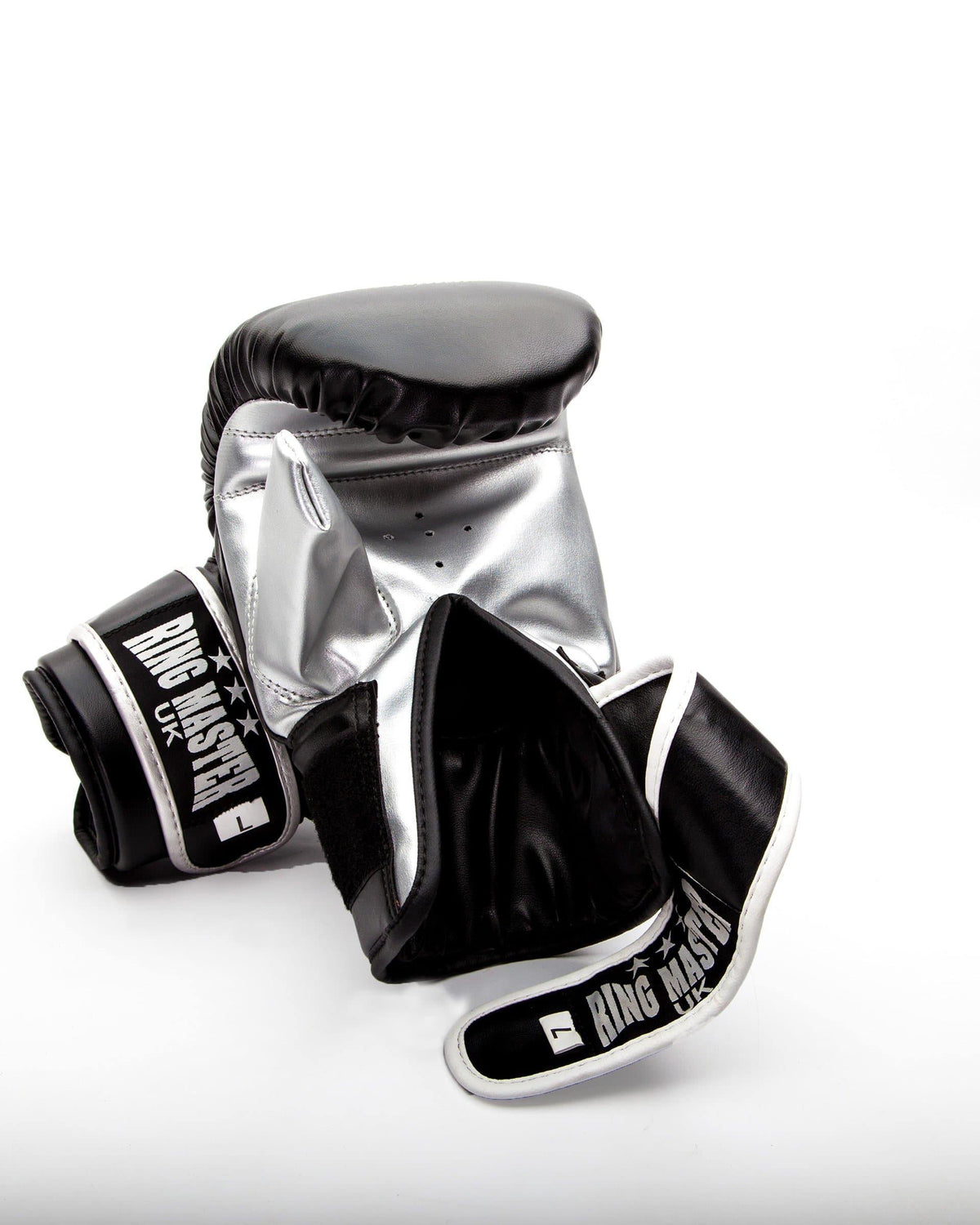 Black RingMaster Sports training bag mitts with hook-and-loop wrist strap