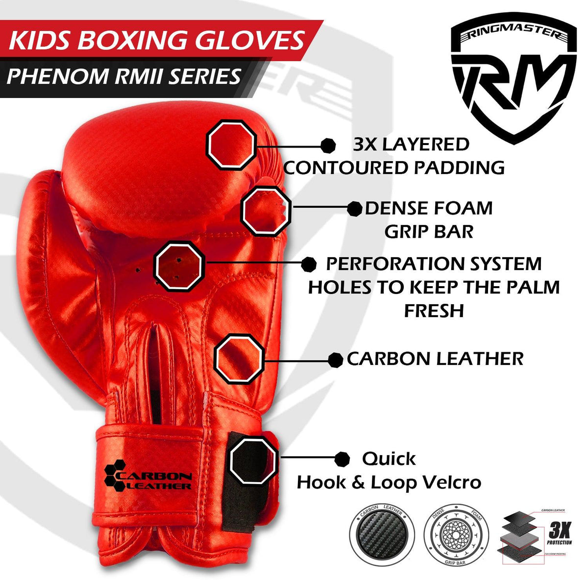 RingMaster Sports CarbonTech Leather kids boxing gloves in red