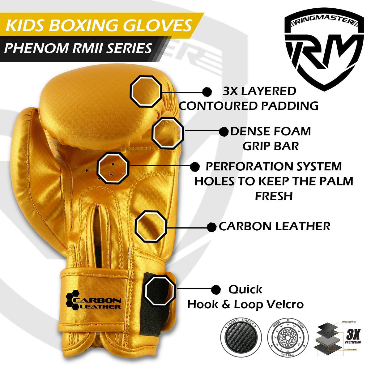 RingMaster Sports gold CarbonTech Leather boxing gloves for kids