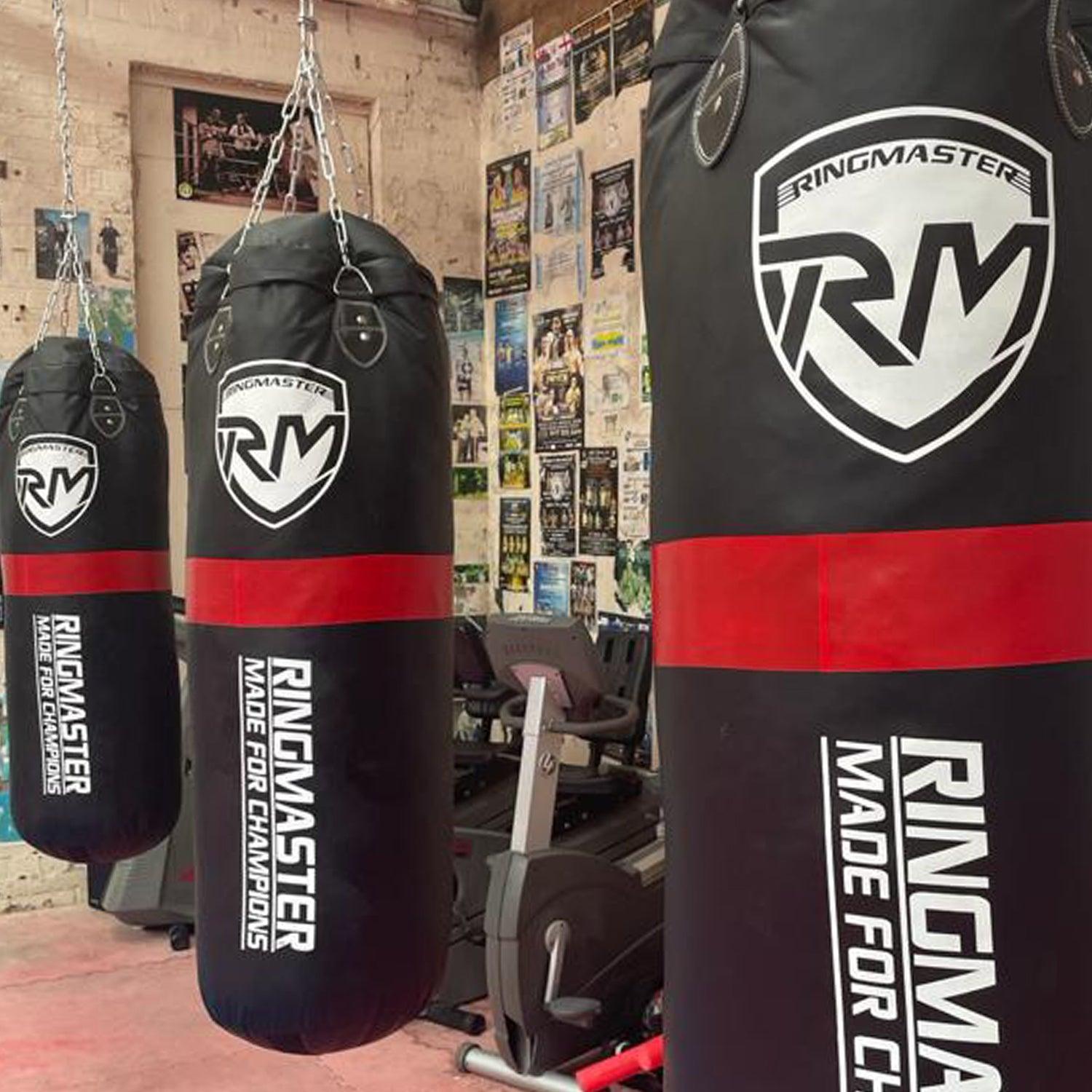 RingMaster Sports heavy punch bag installed in a home gym setup for boxing and fitness training