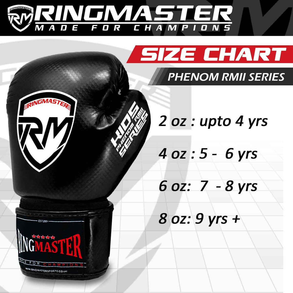 RingMaster Phenom black kids boxing gloves with contoured padding