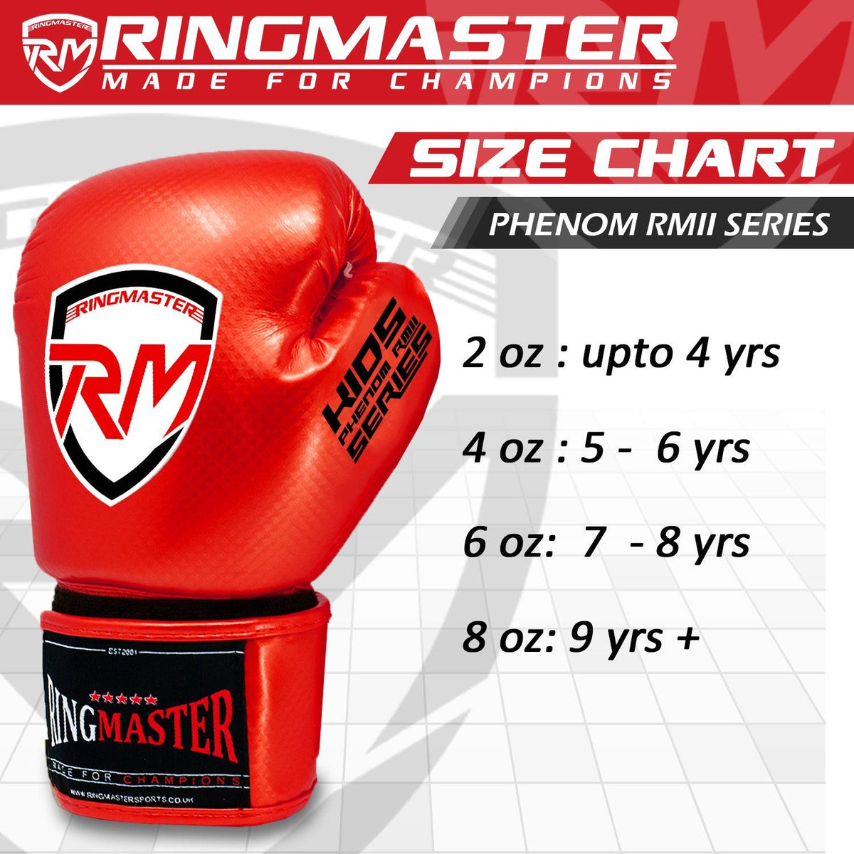 RingMaster Phenom red kids boxing gloves with contoured padding