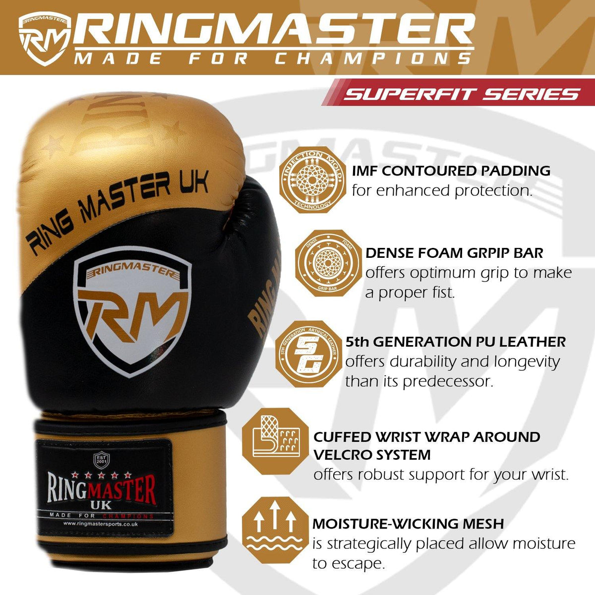 Superfit boxing gloves with moisture-wicking mesh in the palm