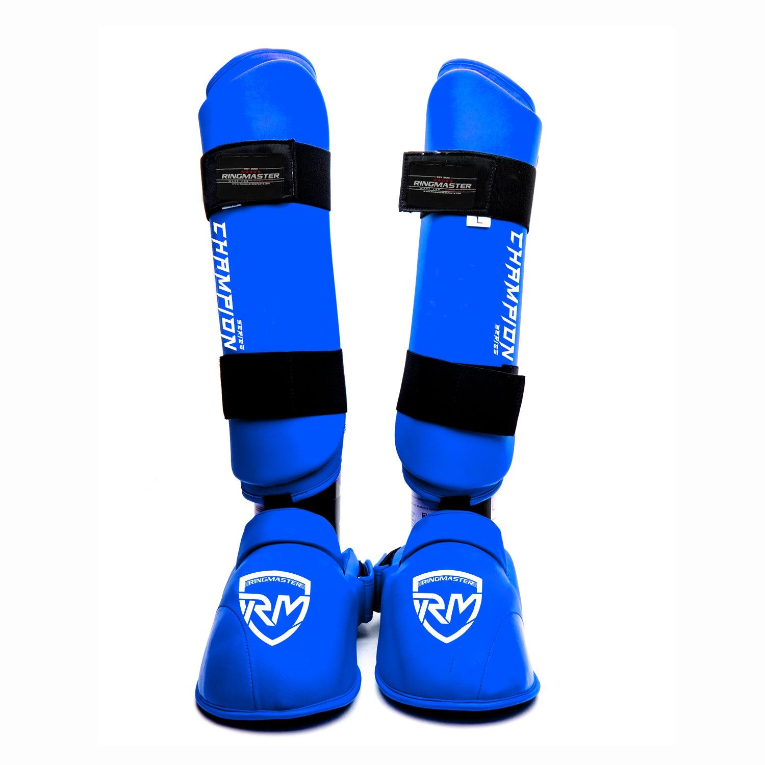 RingMaster Sports Synthetic Leather WKF Styled Kids Karate Shin Instep Guards Blue martial arts image 1
