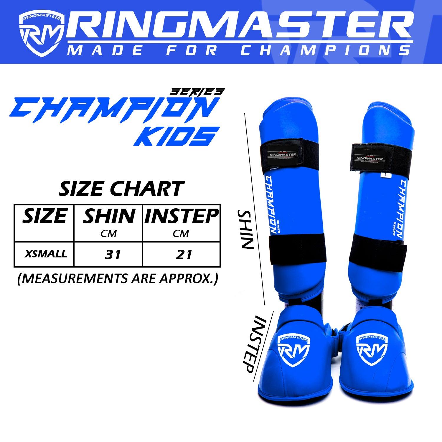 RingMaster Sports Synthetic Leather WKF Styled Kids Karate Shin Instep Guards Blue martial arts image 4