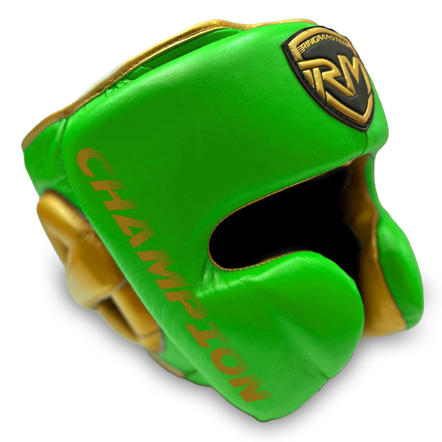 Head guard Boxing, Best boxing head guard, boxing head guard uk, boxing head guard junior, boxing head guard kids, boxing head guard open face, Boxing head guard for sale, face guard boxing, boxing headgear, chin cheek head guard,  Head guard Boxing Green and Gold, Ringmaster Sports Head guard, Ringmaster Sports Equipment, Ringmaster boxing Equipment